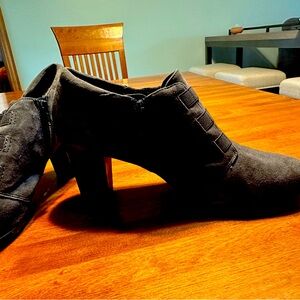 Clark’s gray suede booties. Super comfortable.